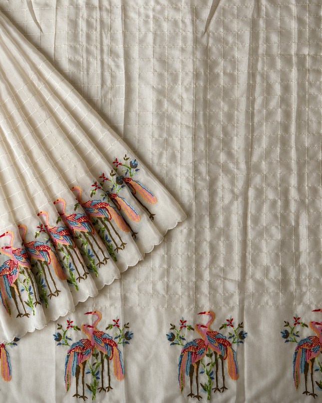 Italian Crepe Saree with Thread weaving Checks and cross stich work with Scallop Border -  Cream