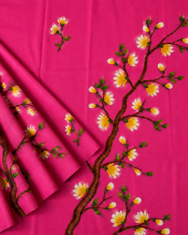 Mul cotton saree with Hand Painting  - Rani Pink