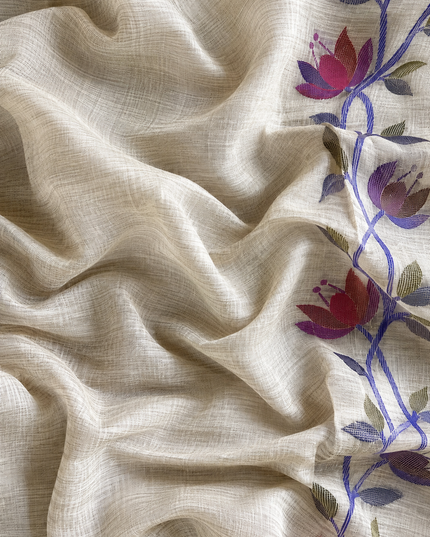 Jamdani saree with Allover Floral Design with Tassels -  Cream & Blue