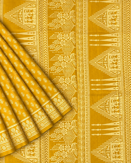 Pure Silk Saree With All Over Block Print - Mustard