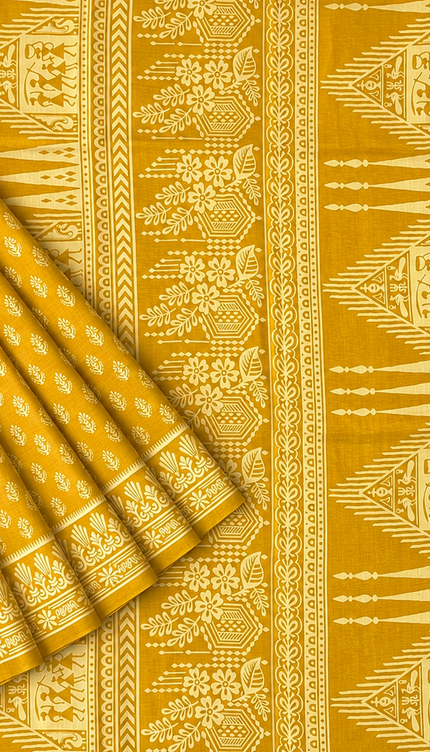 Pure Silk Saree With All Over Block Print - Mustard