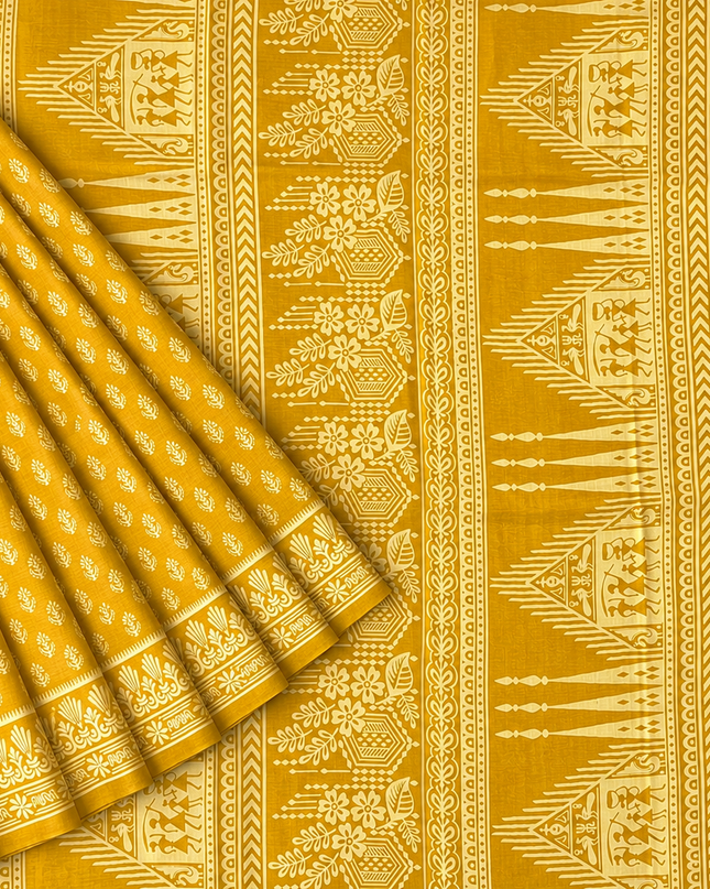 Pure Silk Saree With All Over Block Print - Mustard
