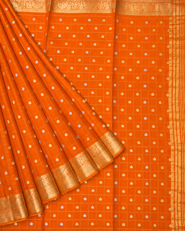 Chinon Silk Saree  with Golden Zari  Weaving Checks Design With Small Butties  Contrast Golden Zari Border -Orange