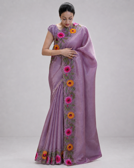 Soft tissue Organza saree with Thread work and scallop border - Lavender