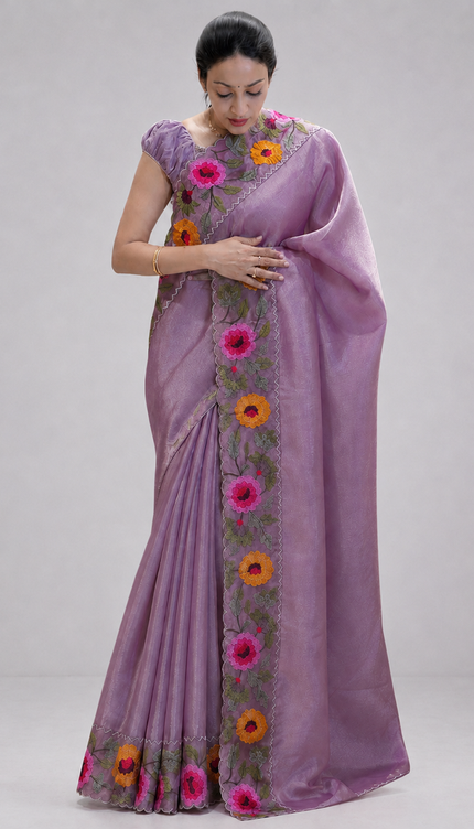 Soft tissue Organza saree with Thread work and scallop border - Lavender