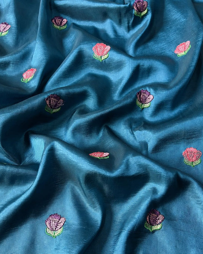 Dupion Saree with Thread Work and Scallop  Kora Border - Teal Blue