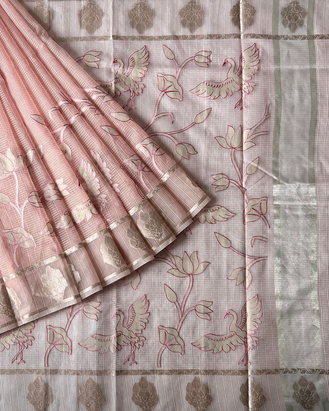 Kora Kota Saree with Applique work and Gap Border -  Pink