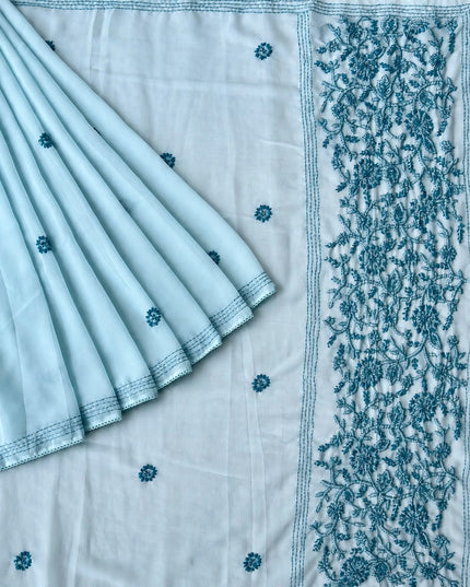 Georgette Saree With All over Kantha Work and Lace Border - Light Blue