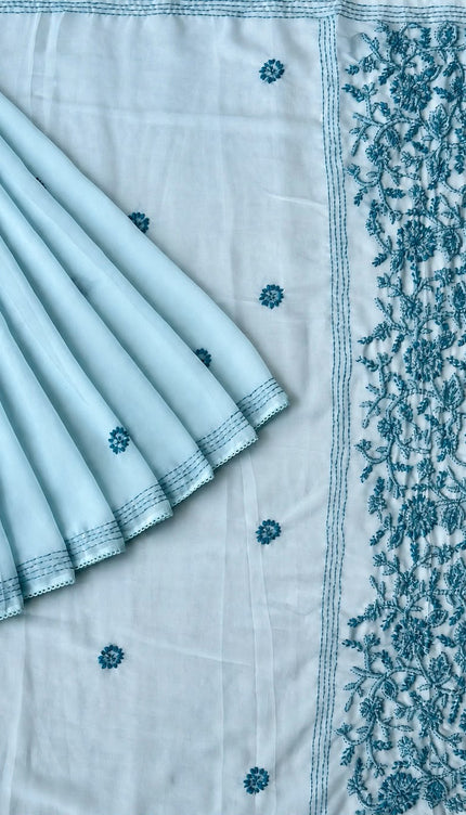 Georgette Saree With All over Kantha Work and Lace Border - Light Blue