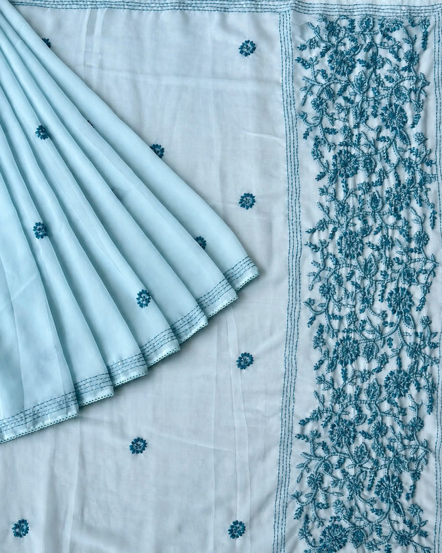 Georgette Saree With All over Kantha Work and Lace Border - Light Blue