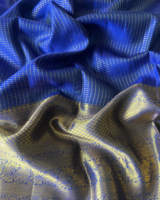 Pure Pattu Saree With Golden Check Weaving and Flower Buttes and Kaddi Border - Royal Blue
