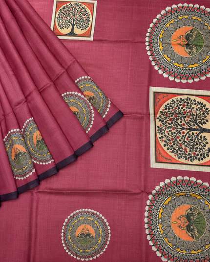 Tusser Silk Saree with Mahbubani Print  contrast Border  -  Maroon