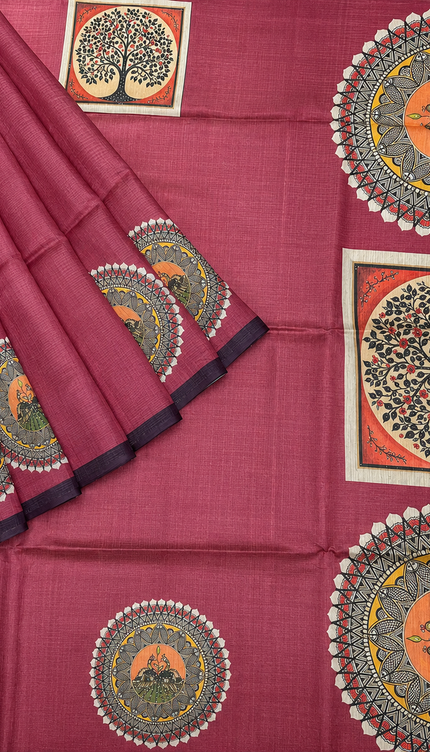 Tusser Silk Saree with Mahbubani Print  contrast Border  -  Maroon
