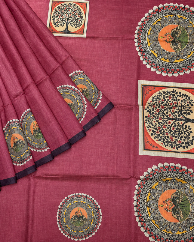 Tusser Silk Saree with Mahbubani Print  contrast Border  -  Maroon