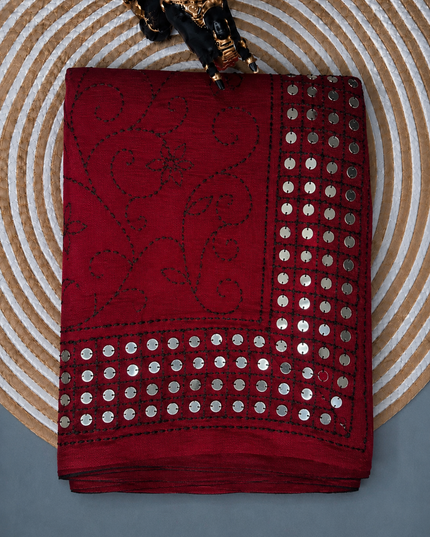 Georgette Saree With Kantha Work and Sequences Work - Maroon