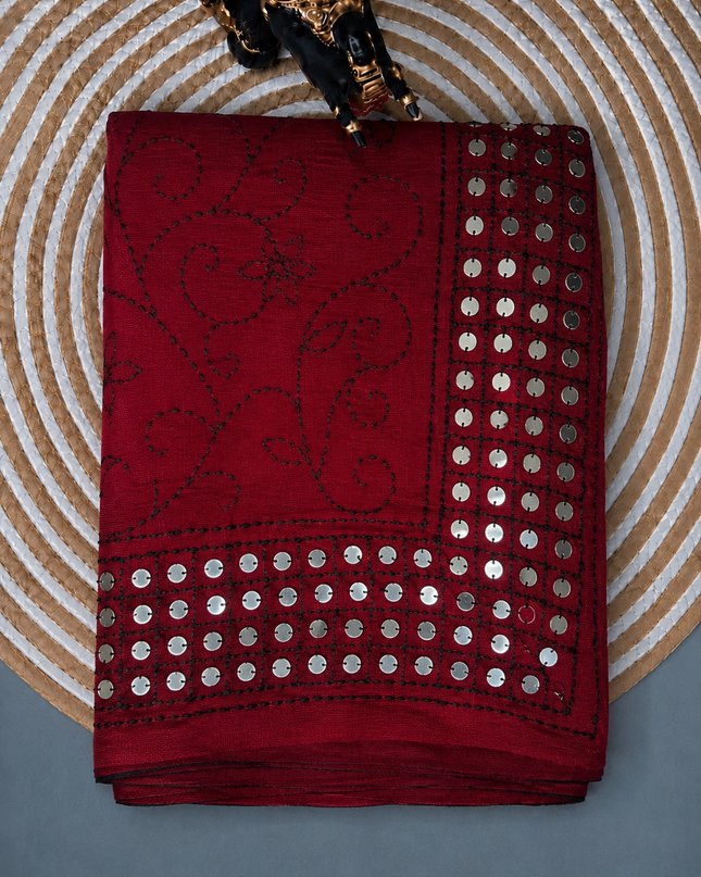 Georgette Saree With Kantha Work and Sequences Work - Maroon