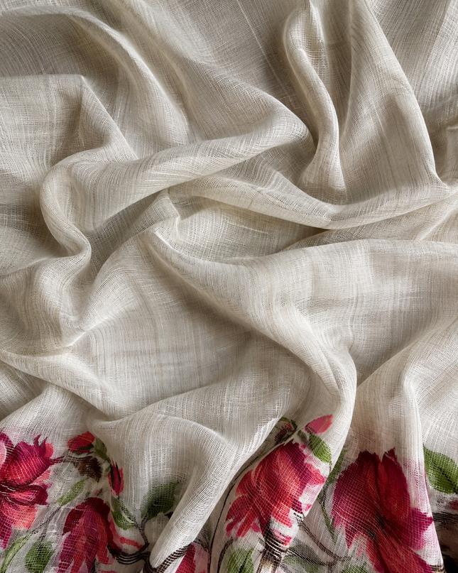 Cotton Chanderi Jamdani Saree with Self Weaving Floral Design - Off White