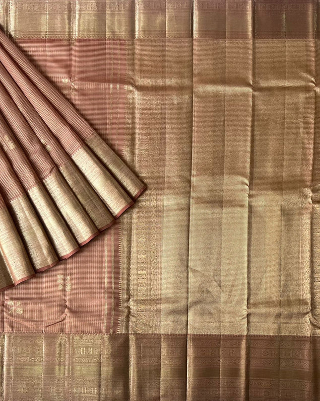 Pure Pattu Saree With Golden Check Weaving and Flower Buttes and Kaddi Border -  Light Orange