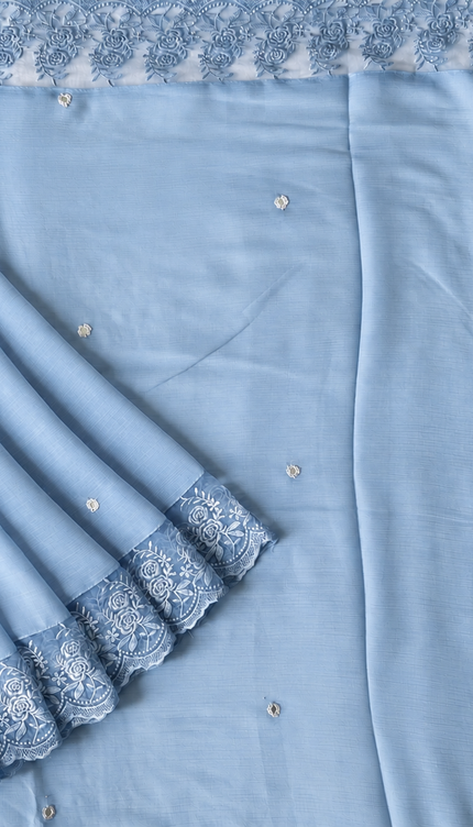 Malai Chanderi Saree with Allover small mirror work and  Thread Embroidery  Scallop Border  - Light Blue