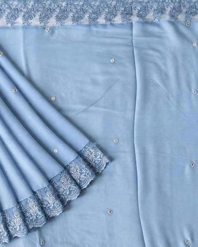 Malai Chanderi Saree with Allover small mirror work and  Thread Embroidery  Scallop Border  - Light Blue