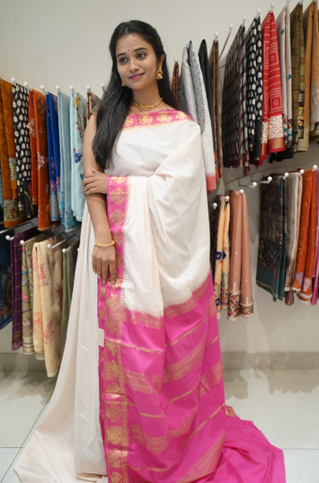 Mysore Silk sarees with  Gandaberunda Design  Contrast  Border - Cream