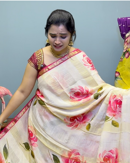 Crepe Silk Saree with  Floral Print with Contrast  Border - Cream & Pink