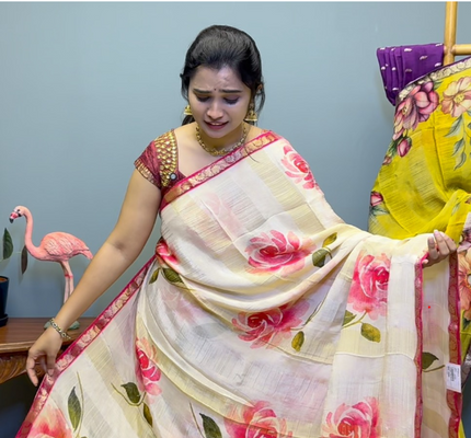 Crepe Silk Saree with  Floral Print with Contrast  Border - Cream & Pink