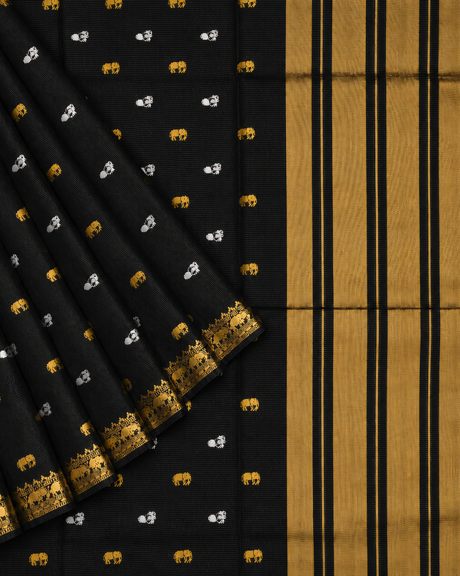 Munga Silk Saree With Gold and Silver Peacock and Elephant Butties Golden  Zari Elephant Design  Border -Black