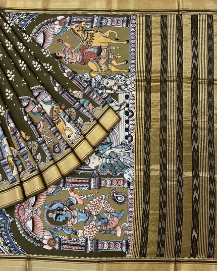 Soft Silk Saree with Ikkat  and Kalamkari Print and Zari Border - Olive Green