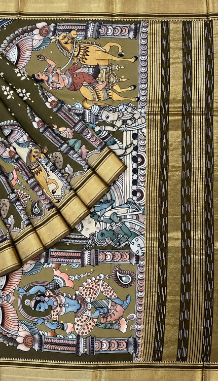Soft Silk Saree with Ikkat  and Kalamkari Print and Zari Border - Olive Green
