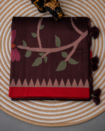 Tusser Jamdani Saree Weaving Butties  With Contrast Border- Coffee Brown