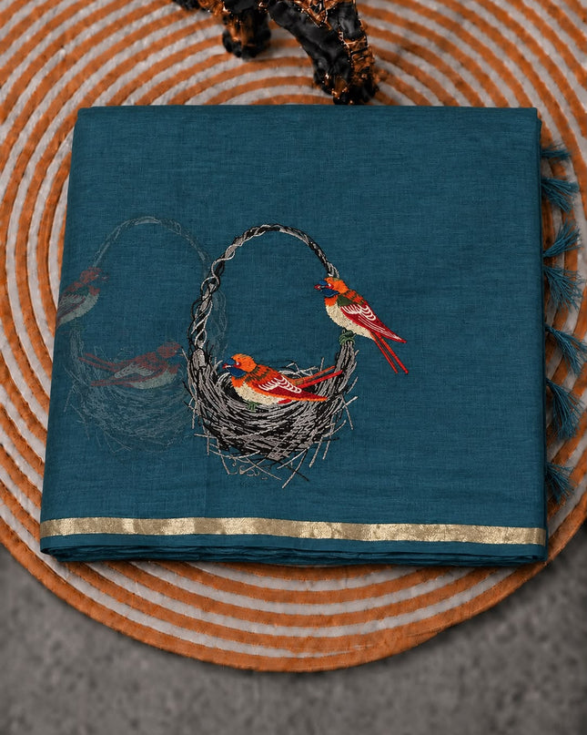 Mul Chanderi saree with thread embroidery Work and Small Border - Teal Blue