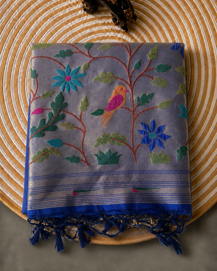 Chanderi  Saree with All over Golden Butties and muniya Border - Blue