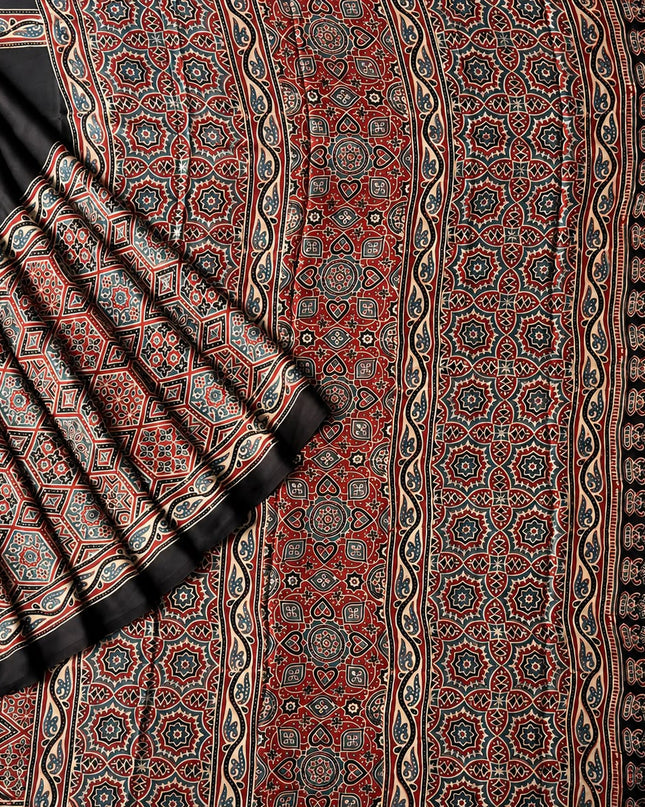 Modal silk saree with ajrakh Design and  Contrast Border -  Black