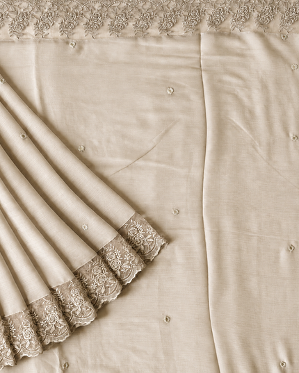 Malai Chanderi Saree with Allover small mirror work and  Thread Embroidery  Scallop Border  -Tan