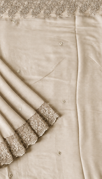 Malai Chanderi Saree with Allover small mirror work and  Thread Embroidery  Scallop Border  -Tan