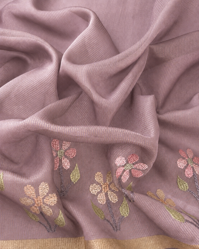 Chanderi Saree with Thread Embroidery Work and Contrast  Border-  Onion Pink