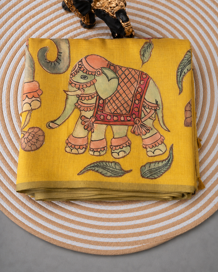 Linen Tissue Saree With Applique Work small Zari Border - Yellow