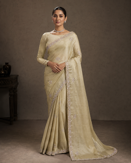 Tissue Organza Saree With Kardhana Work and scallop Border- Lemon Yellow