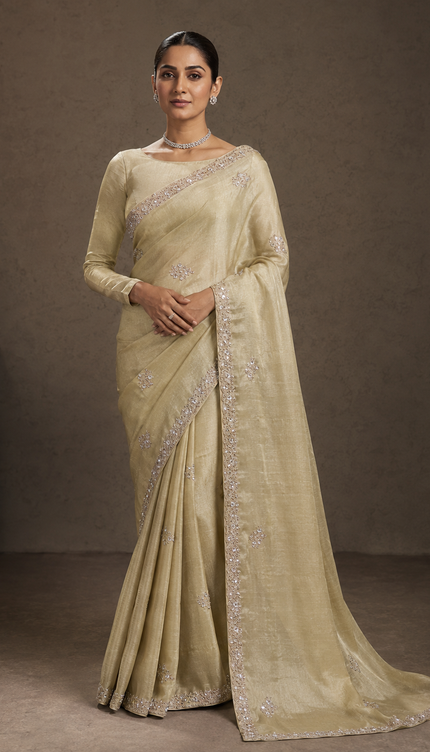 Tissue Organza Saree With Kardhana Work and scallop Border- Lemon Yellow