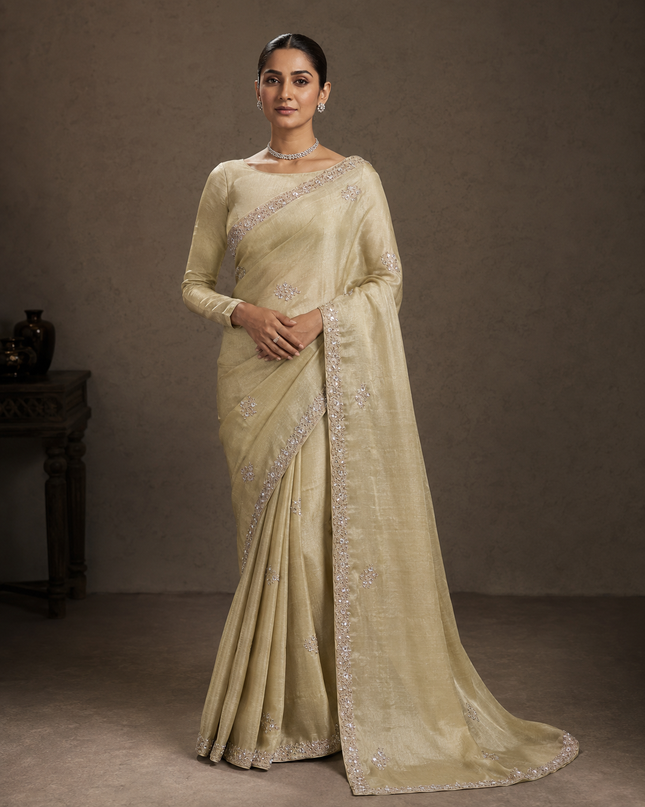 Tissue Organza Saree With Kardhana Work and scallop Border- Lemon Yellow