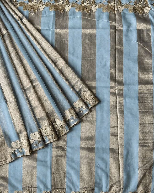 Soft Orznga  Saree With Tissue Stripes and Thread Embroidery Work Scallop Border  - Light Blue