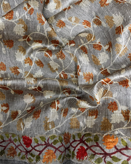 Tusser Silk Saree With Ari work and Floral Print and Contrast  Border - Grey