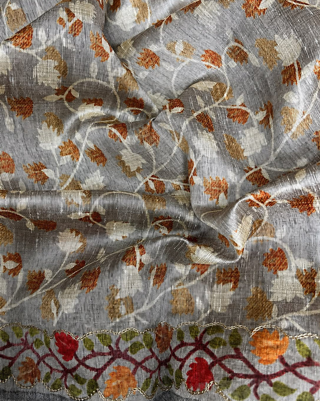 Tusser Silk Saree With Ari work and Floral Print and Contrast  Border - Grey