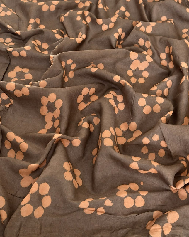 Mul Cotton Saree with Hand  Floral Print Border- Brown