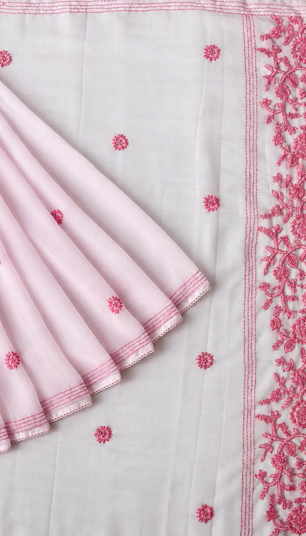 Georgette Saree With All over Kantha Work and Lace Border - Pink