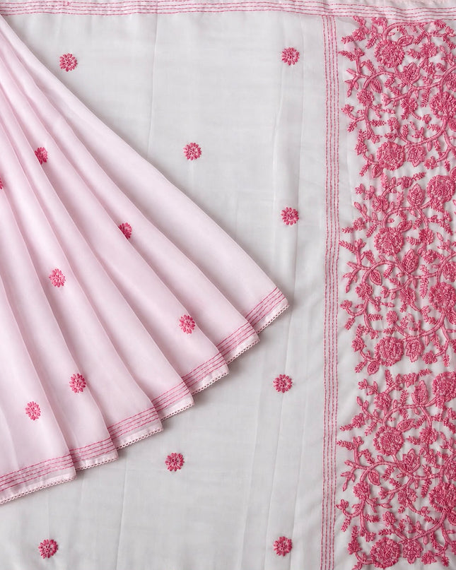 Georgette Saree With All over Kantha Work and Lace Border - Pink