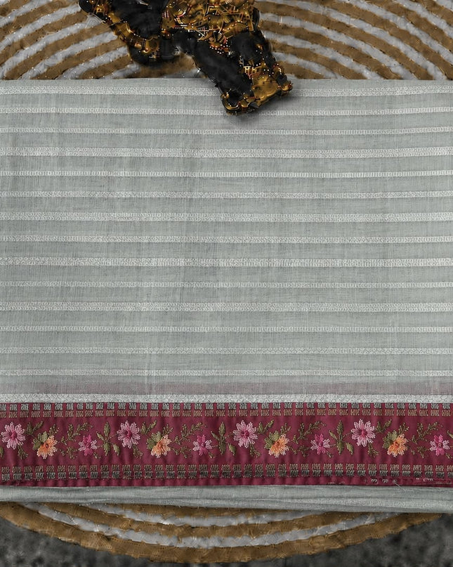Mul Chanderi saree with Weaving Stripes and lace Border -Light Grey