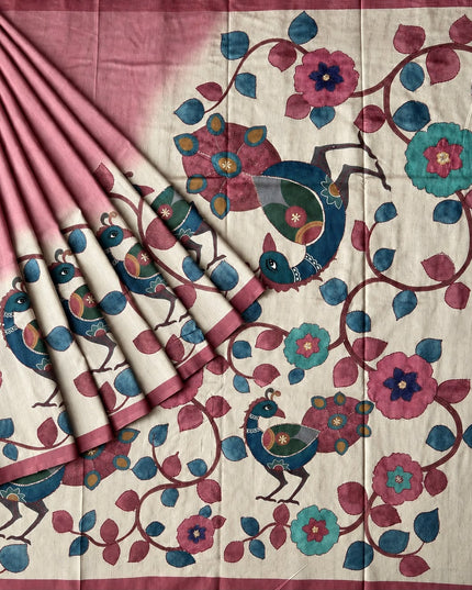 Tusser Saree with Floral and Peacock  Print with Kantha Work and contrast Border - Pink