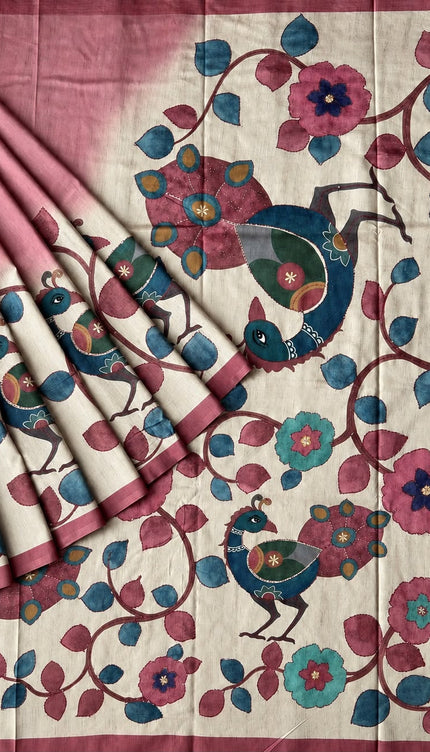 Tusser Saree with Floral and Peacock  Print with Kantha Work and contrast Border - Pink